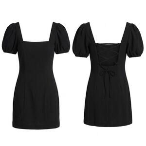 Zara Black Puff Sleeve Mini Dress Square Neck Size XS